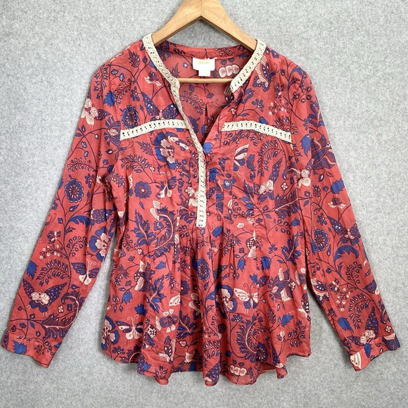 Maeve Tops - Anthropologie Maeve Abella Pintuck Blouse  Boho Macrame Cotton Floral Size 12